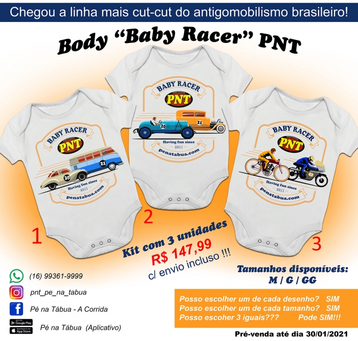 Body 'Baby Racer' - Kit com 3 Unidades - Tecido 100% algodão Suedine (ENVIO GRATIS)